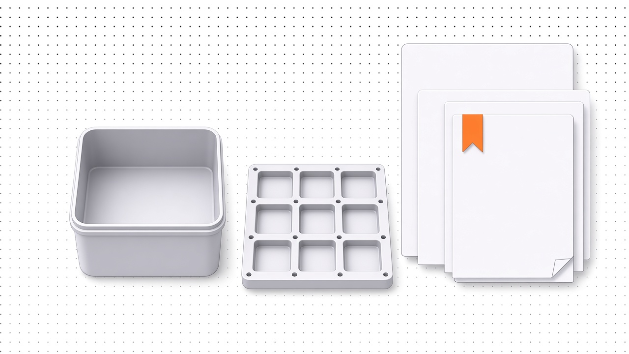 Minimal illustration of an open simple bin, a Gridfinity baseplate, and bookmarked paper on a dotted surface